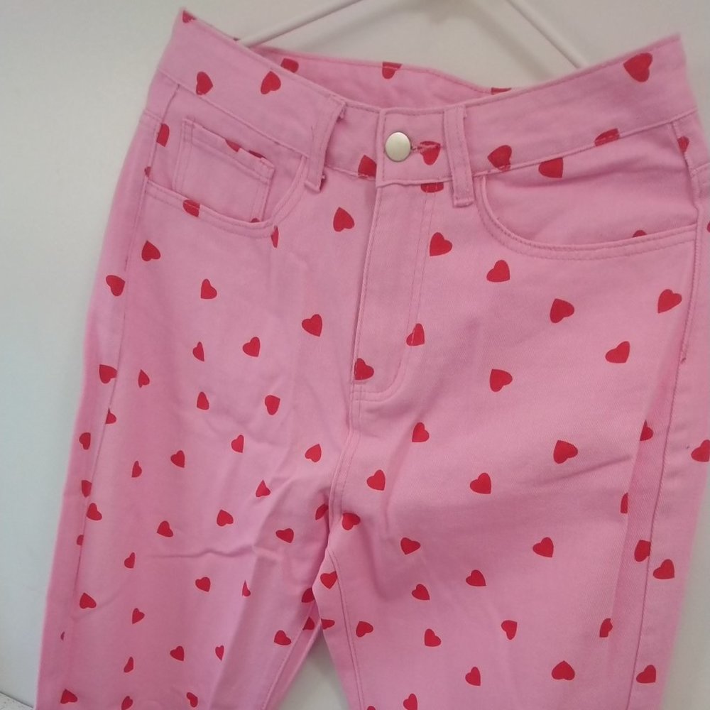 SHEIN pink & red heart print jeans